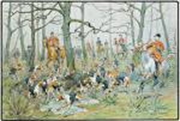 Scene De Chasse A Courre En Foret, L'hallali Du Sanglier Oil Painting by Georges Louis Ch. Busson