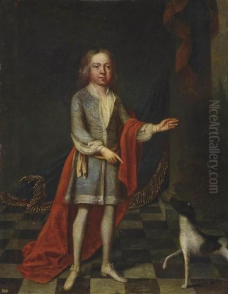 Portrait Of A Young Boy, 
Full-length, In A Blue Coat And Red Wrap, With A Spaniel, In An Interior Oil Painting by Robert Byng