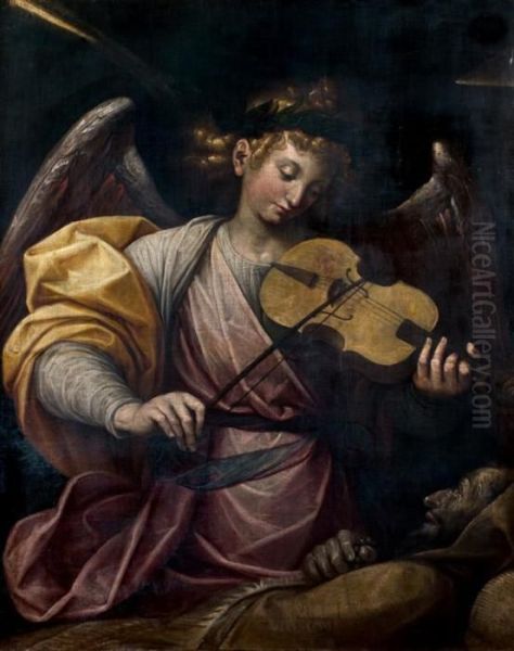 L'ange Musicien Consolant Saint Francois D'assise Oil Painting by Guglielmo Caccia