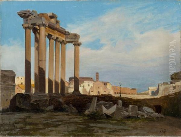 Veduta Di Campo Vaccino Con Il Tempio Di Saturno E Il Colosseo In Lontananza Oil Painting by Ippolito Caffi