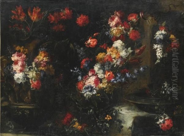 An Ornate Still Life With Flowers In Vases On A Stone Ledge Oil Painting by Margherita Caffi