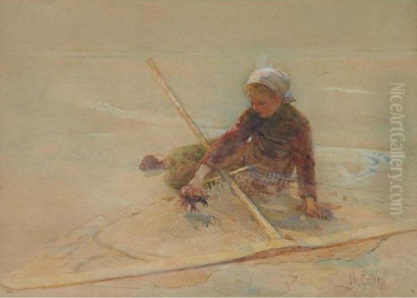 Girl Collecting Crabs On The Beach Oil Painting by Hector Caffieri