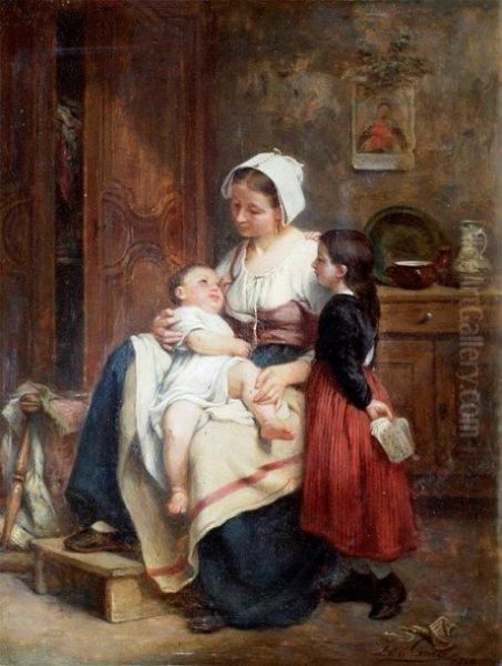 Femme Avec Deux Enfants Peinture Sur Panneau Oil Painting by Leon Caille