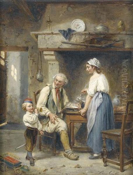 Kucheninterieur Mit Einer Jungen Familie Am Tisch. Oil Painting by Leon Caille