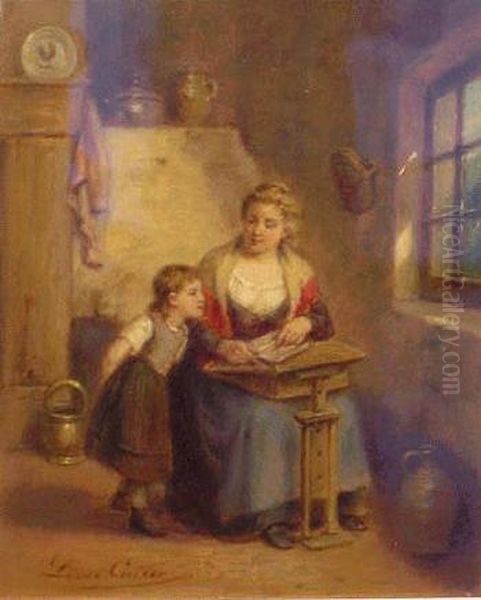 Mother And Daughter In An Interior Oil Painting by Leon Caille