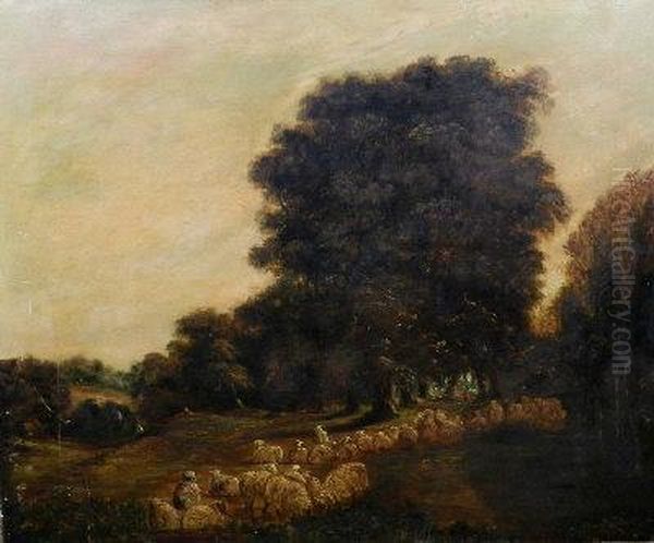 A Shepherd And Flock In A Woodland Clearing Oil Painting by Alexandre Calame