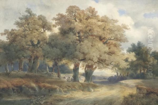 Arbres, Chemins Et Personnages Oil Painting by Alexandre Calame