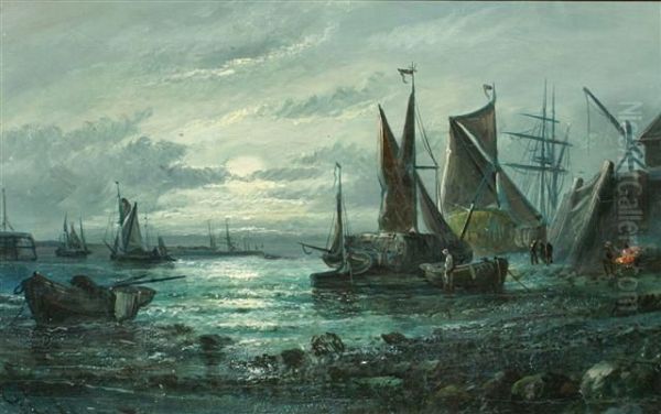 Fishing Boats Docked In Harbour At Moonlight Oil Painting by George D. Callow