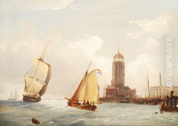 Vessels At A Harbour Mouth Oil Painting by Frederick Calvert