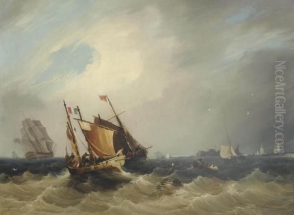 Fishing Trawlers And A Royal Navy Frigate In French Waters Off Calais Oil Painting by Frederick Calvert