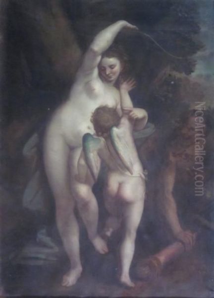 Venus Disarming Cupid With Satyr Looking On Oil Painting by Luca Cambiaso