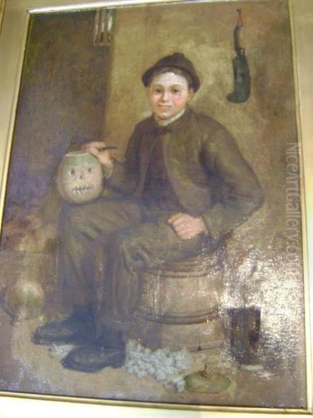 Boy Carving A Turnip Seated On A Barrel Oil On Canvas Oil Painting by James Campbell