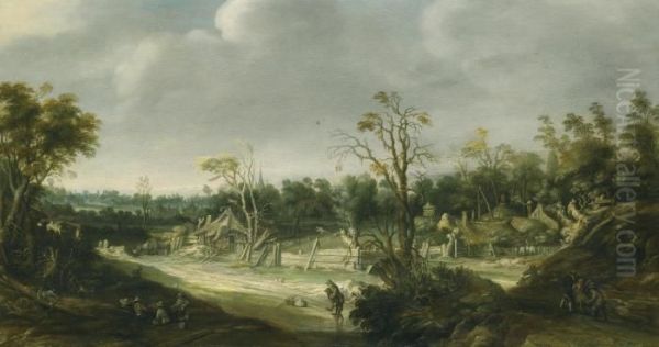 A Landscape With Travellers Near A Hamlet Oil Painting by Joachim Govertsz. Camphuysen