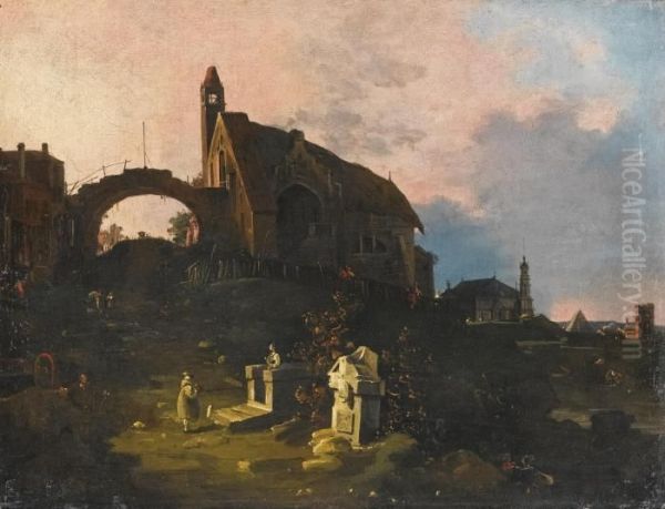 A Capriccio View Of A Town, A 
Pyramid In The Distance And Figures On A Path In The Foreground Oil Painting by (Giovanni Antonio Canal) Canaletto