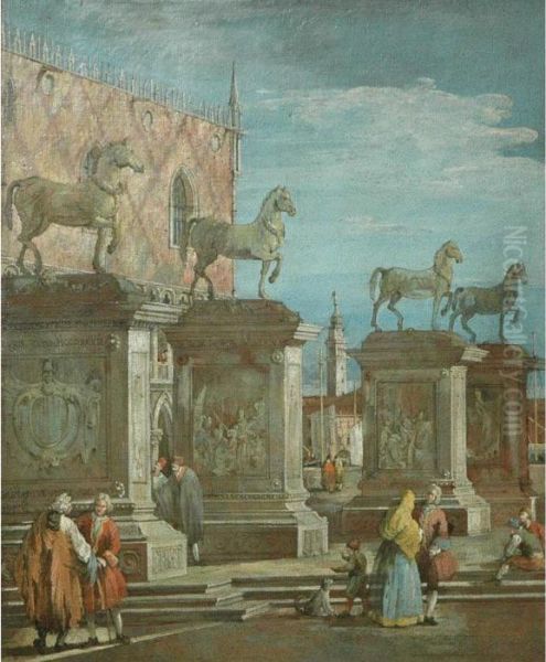 Capriccio With Four Horses From The Piazza San Marco Oil Painting by (Giovanni Antonio Canal) Canaletto