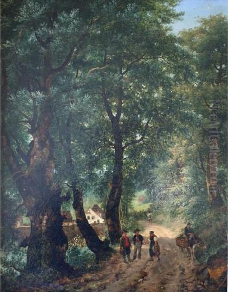 Figures Near A Farm On A Wooded Lane Oil Painting by Giuseppe Ii Canella