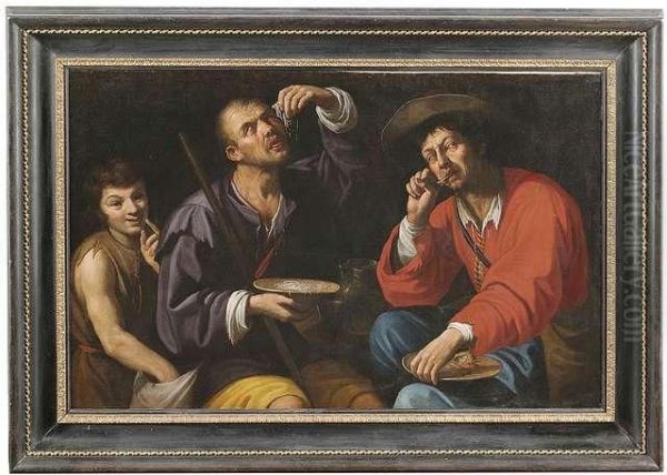 Bauern Beim Pastaessen Werden Von Einem Strasenjungen Ausgeraubt Oil Painting by Michelangelo Merisi Da Caravaggio