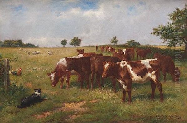 Calves Grazing Oil Painting by Claude Cardon