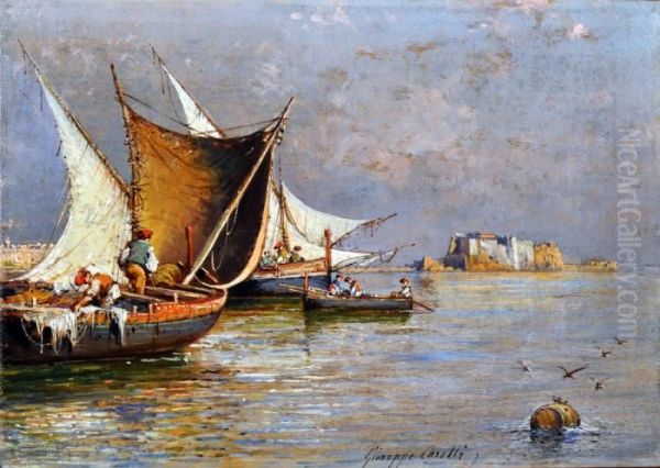 Marina Con Barche E Pescatori Oil Painting by Giuseppe Carelli