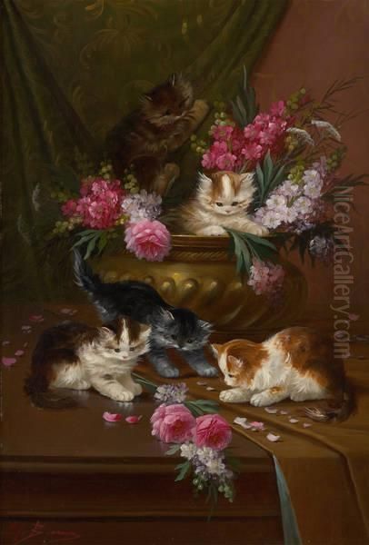 Chatons Au Bouquet De Fleurs Oil Painting by Max Carlier