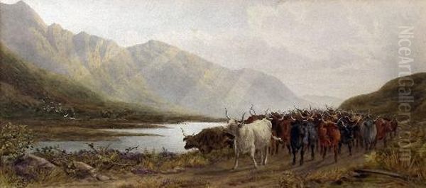 Long Horned Cattle On A Track With Loch And Mountains To Distance Oil Painting by John Carlisle