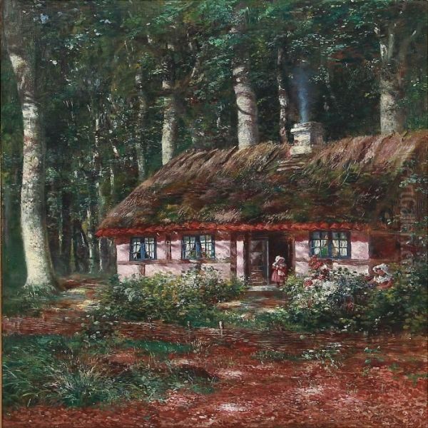 Forest Scene With Two Girls At A Thatched House Oil Painting by Carl Christian E. Carlsen