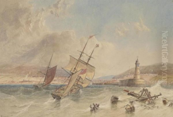 Trading Vessels In A Heavy Swell Off Berwick-on-tweed Oil Painting by John Wilson Carmichael