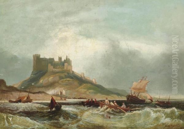 Coastal Traffic Before Bamburgh Castle On The Northumberland Coast Oil Painting by John Wilson Carmichael