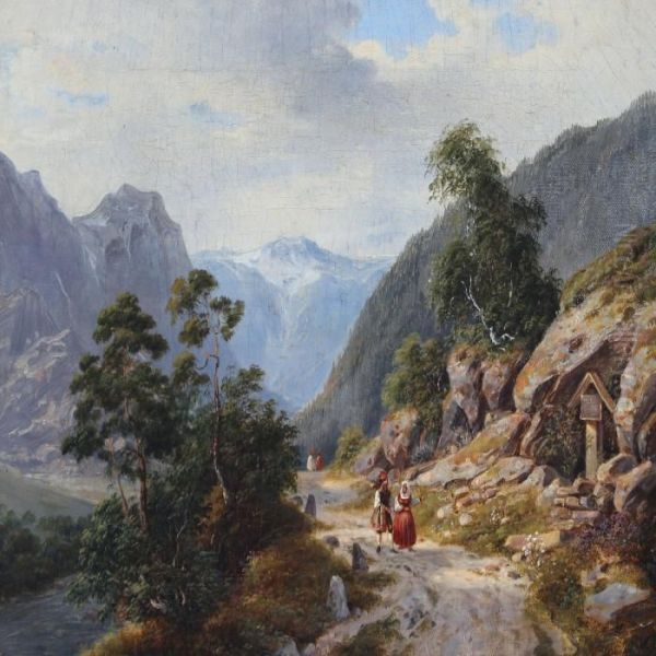 Mountain Road With People By A Road Altar Oil Painting by Johann-Hermann Carmiencke