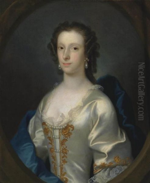 Portrait Of A Lady, Bust-length,
 In A Lace Trimmed And Gold Embroidered Oyster Satin Dress, With A Blue 
Wrap And Pearl Earrings, In A Feigned Oval Oil Painting by Adriaen Carpentiers