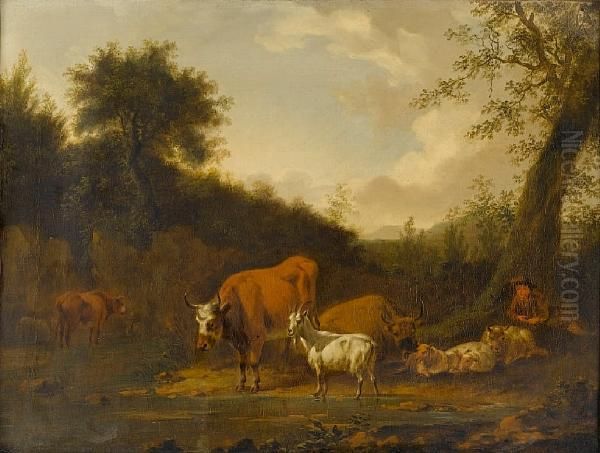 A Shepherd Boy Tending His Livestock Beside Astream Oil Painting by Michiel Carre