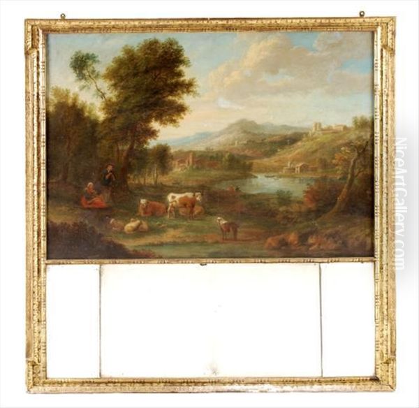 Heardsman With Cattleand Sheep In An Italianate Landscape Oil Painting by Michiel Carre