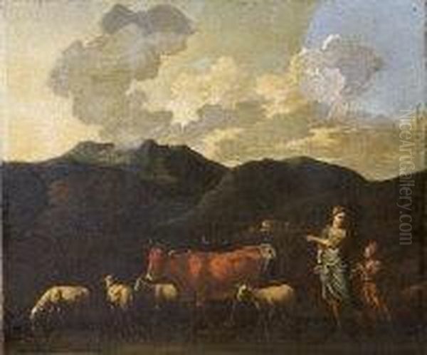 A Southern Mountainous Landscape With Figures & Animals Oil Painting by Michiel Carre