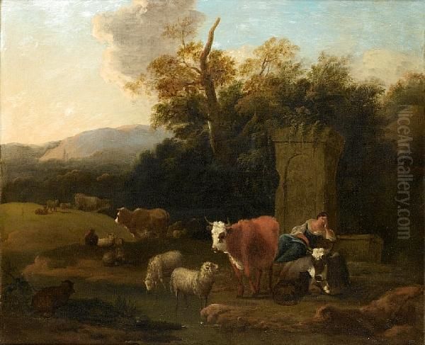 An Italianate Landscape With A Shepherdessresting Beside A Stream With Cattle And Sheep Oil Painting by Michiel Carre