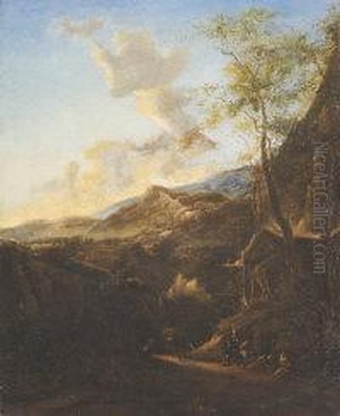 Travellers With Dogs And Donkey On A Wooded Mountainous Pathway Oil Painting by Michiel Carre