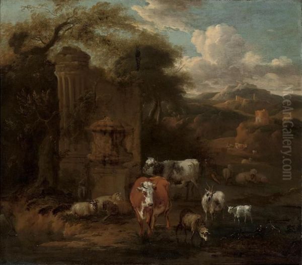 An Extensive Mountainous 
Landscape With A Herd Of Cattle, Sheep And Goats At Water, By Classical 
Ruins, A Hilltop Tower And Fortress Beyond Oil Painting by Michiel Carre