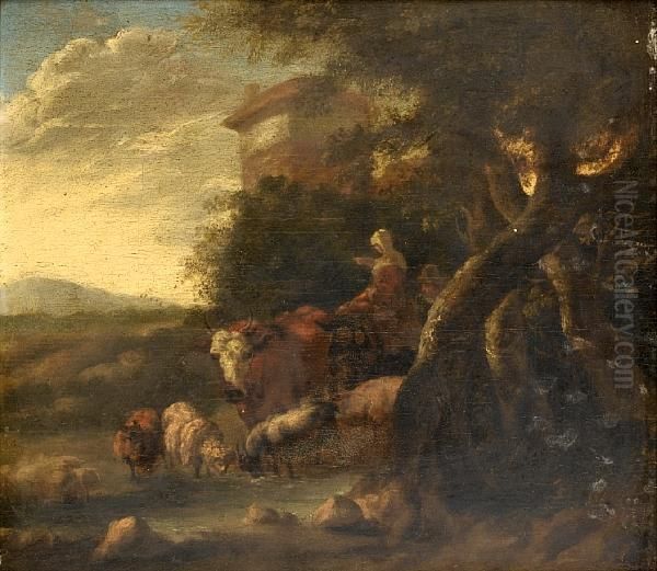 A Drover And A Shepherdess Watering Cattle And Sheep At A Stream Oil Painting by Michiel Carre