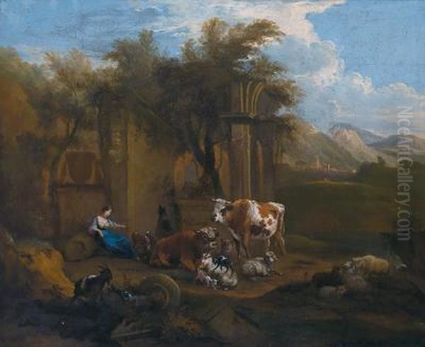 Pastorella Con Gregge Davanti A Rovine Romane Oil Painting by Michiel Carre