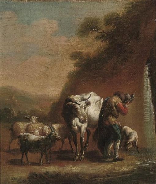 A Herdsman With His Cattle At A Waterfall Oil Painting by Michiel Carre