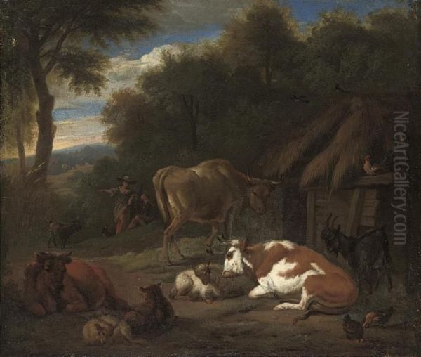 A Wooded Landscape With Cattle And Sheep By A Cottage Oil Painting by Michiel Carre