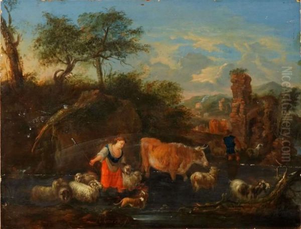 Pastoraltlandskap Med Herde Och Herdinna Oil Painting by Michiel Carre