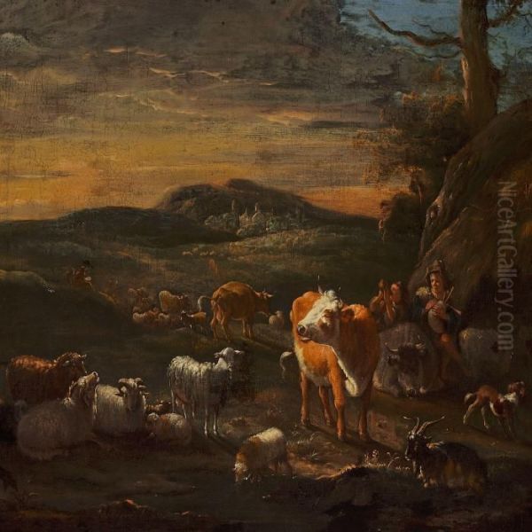 A Shepherd With His Flock Oil Painting by Michiel Carre