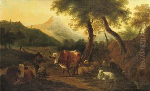 A Herdsman With His Flock In A Wooded Italianate Landscape Oil Painting by Michiel Carre