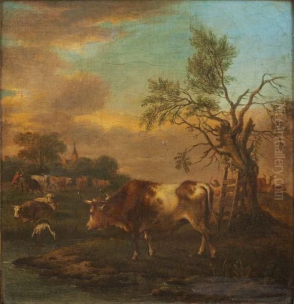 Pastoralt Landskap Med Kreatur Oil Painting by Michiel Carre