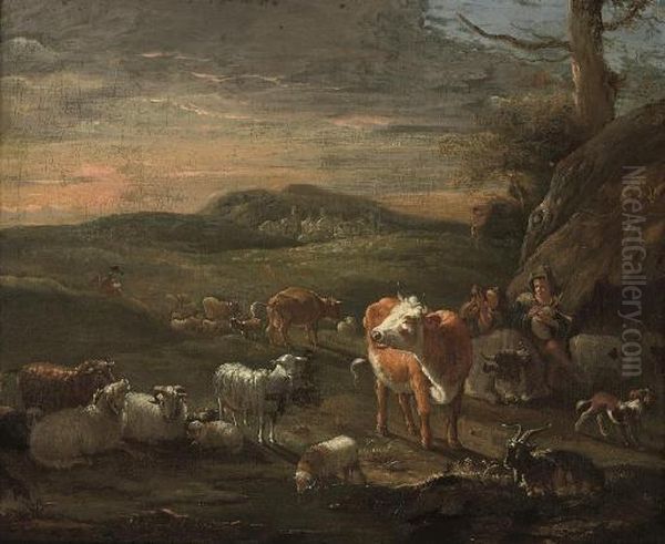 A Shepherd Piping With Other Shepherds Amongst Their Flocks Oil Painting by Michiel Carre