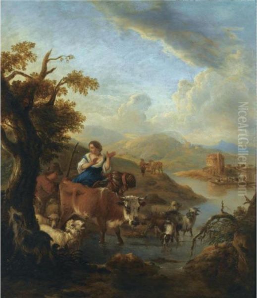 A Shepherd And A Shepherdess 
With Their Herd Fording A River In An Italianate Landscape, A Tower In 
The Distance Oil Painting by Michiel Carre