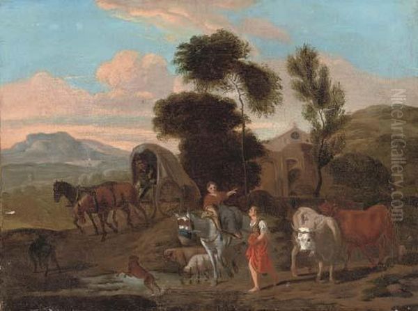 An Italianate Landscape With Travellers By A Stream Oil Painting by Michiel Carre