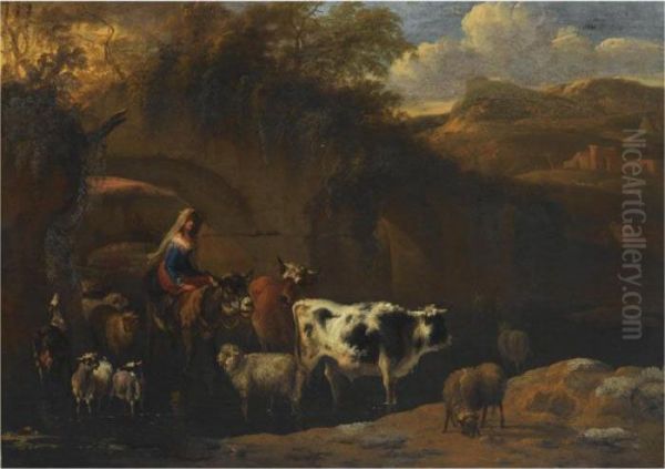 A Shepherdess With Her Herd Fording A Stream In An Italianate Landscape Oil Painting by Michiel Carre