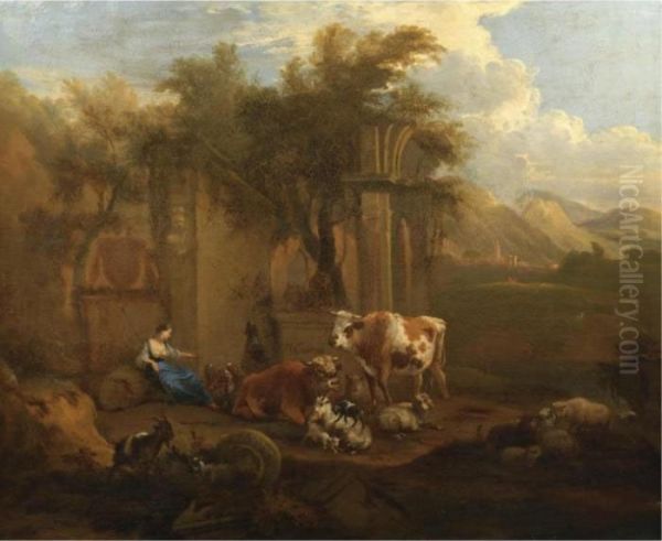 An Italianate Landscape With Drovers And Their Animals Resting Before Classical Ruins Oil Painting by Michiel Carre