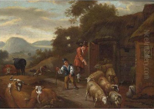 A Landscape With Shepherds Driving Sheep Out Of A Barn, Cattle In The Foreground;
 A Landscape With A Shepherdess And A Sleeping Shepherd Together With Their Herd Near A Farmhouse Oil Painting by Michiel Carre